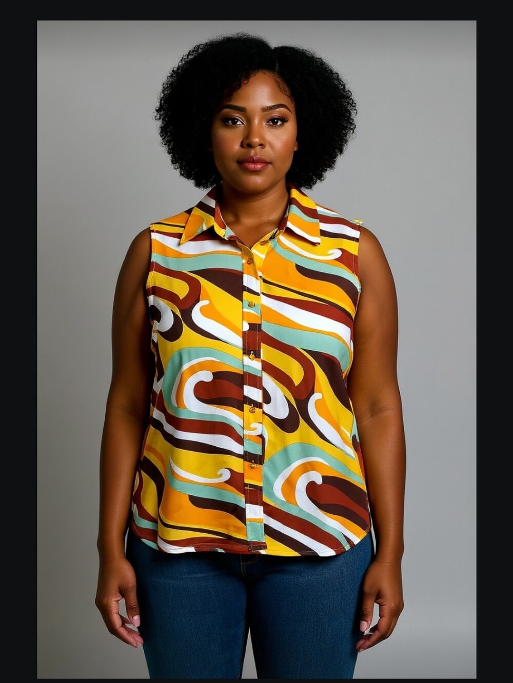 Sleeveless Retro Wave Print Button-Front Top - Yellow Multi EARRINGS INCLUDED